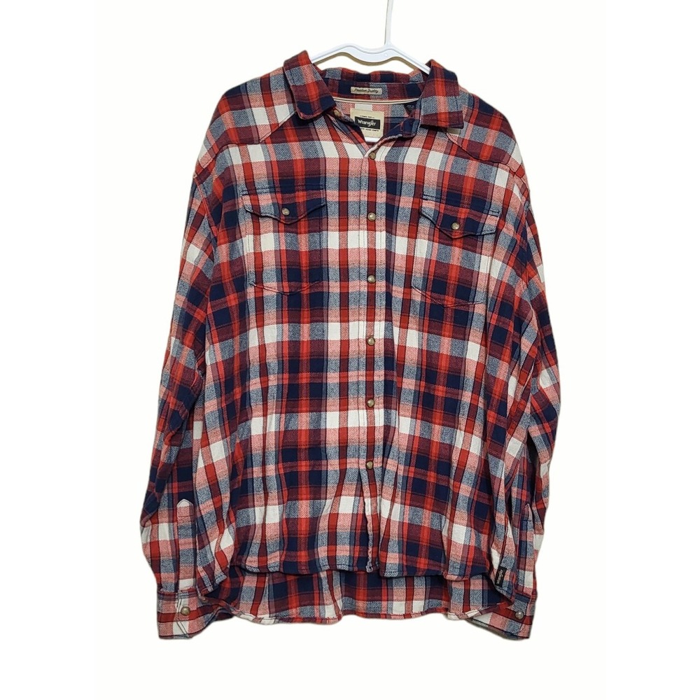 Vintage 1970's Wrangler Pearl Snap Shirt Mens 2X Red Blue Plaid Western USA XXL